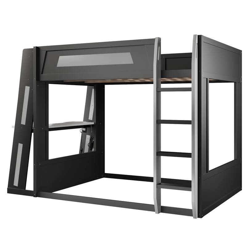 Gaming Bunk Bed with Computer Desk, Storage Shelves, USB Port and LED Strip Lighting, Esports Design, Wooden Gaming Bed