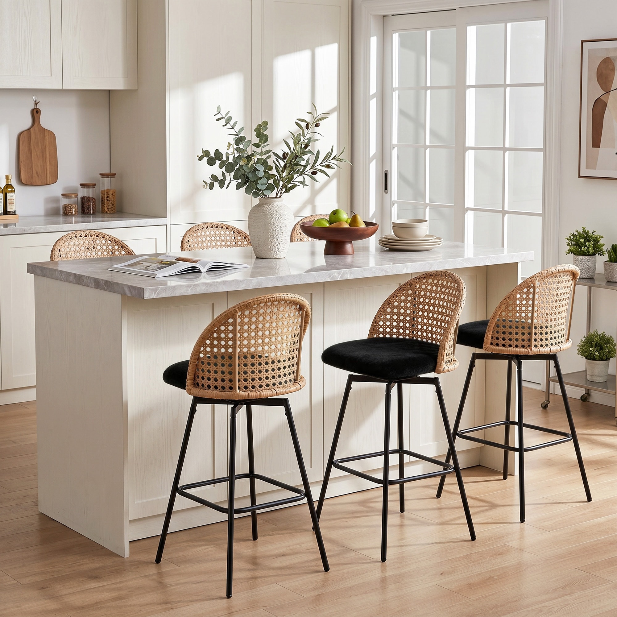 Set of 2/4/6/8 Modern Rattan Back Chenille Upholstered Swivel Bar-height Stools