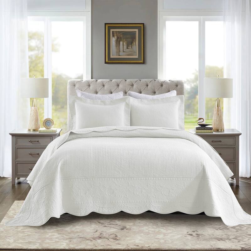 MarCielo 3 Piece Embroidered 100% Cotton Oversized Quilt Bedspread Set TG - Soft White - King