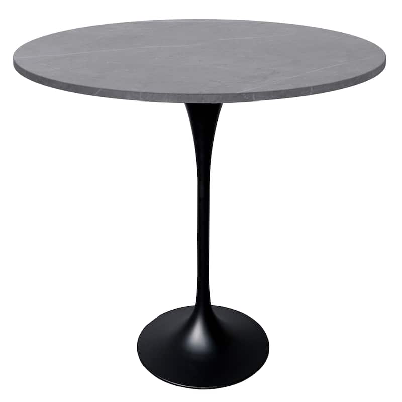 LeisureMod Verve 48" Round Dining Table with Sintered Stone TableTop and Black Steel Base for Kitchen & Dining Room - Marble Grey