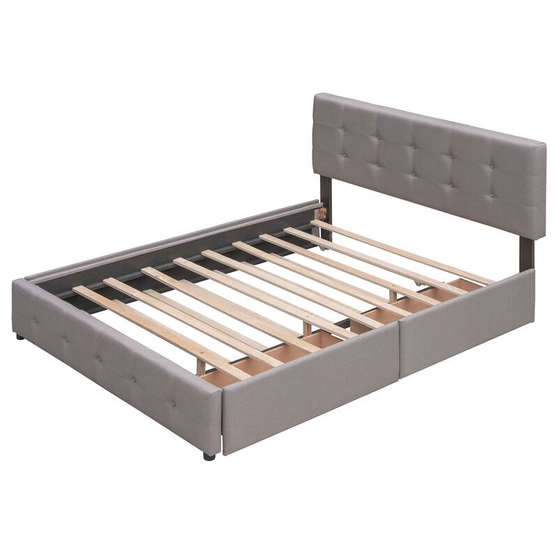 Upholstered Platform Bed with 2 Drawers and 1 Twin XL Trundle, Linen Fabric, Queen Size - Light Gray