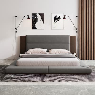Floor Upholstered Platform Bed with Extended Wood Headboard & Bedside Shelf