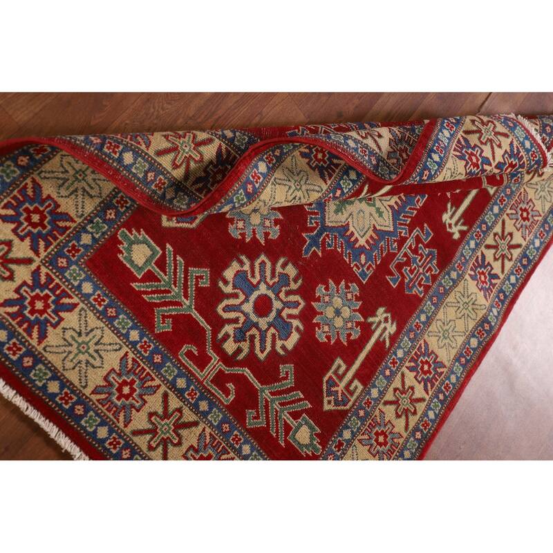 Geometric Kazak Rug Hand-Knotted Oriental Red Wool Carpet - 3'4"x 4'9"