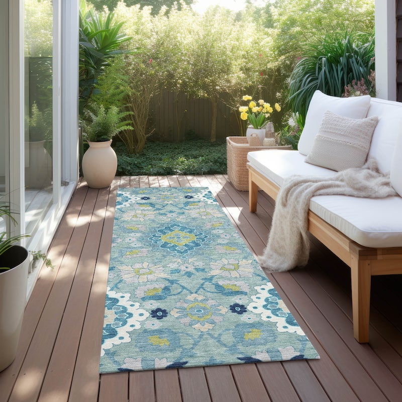 Machine Washable Indoor/ Outdoor Boho Traditional Chantille Rug - Teal - 2'3" x 7'6"