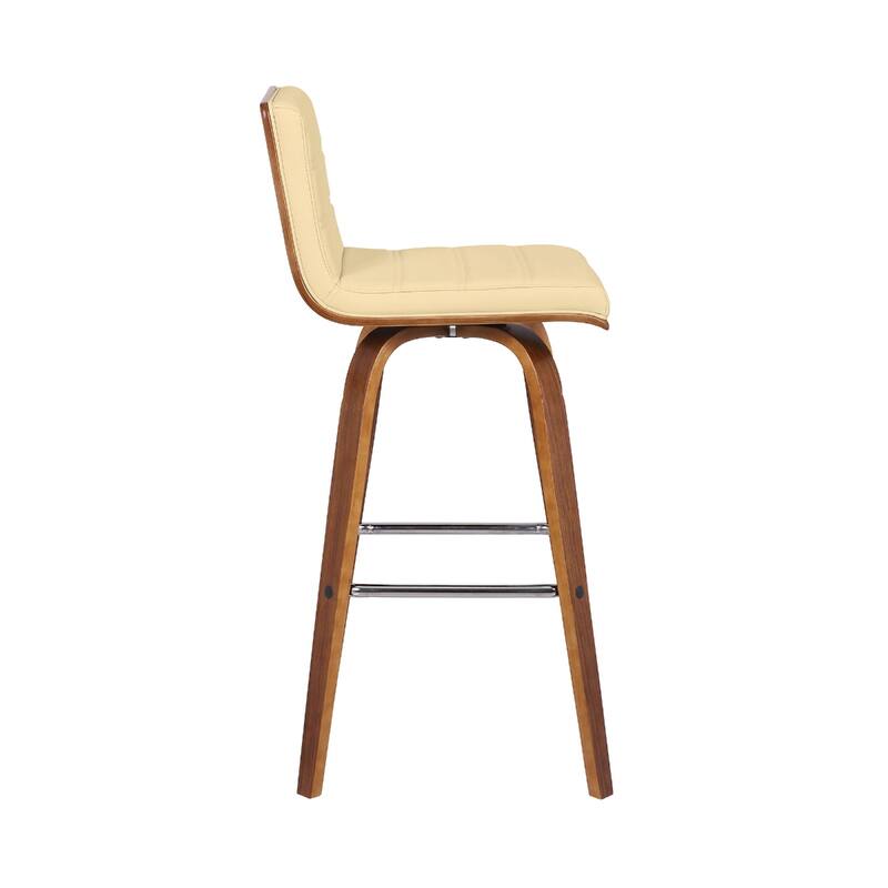 Modern Swivel Bar Stool with Low Backrest and Footrest Upholstered Walnut Finish Solid Wood Frame