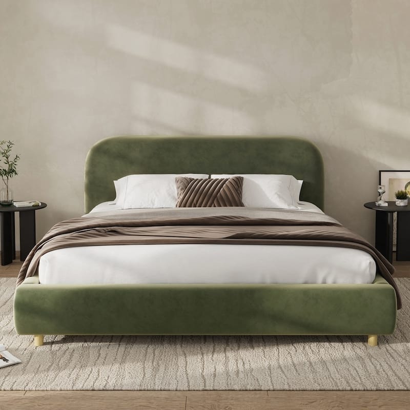 Upholstered Platform Bed with Curve-Shaped Design Headboard