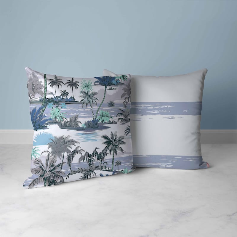 Grey And Blue Tropical Beach Indoor/Outdoor Throw Pillow Zipper