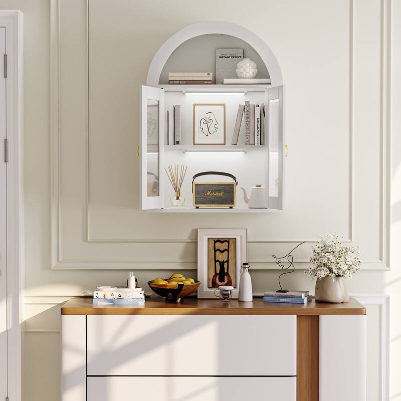 Wall Mounted Arched Cabinet with Glass Doors, Light and Adjustable Shelves for Laundry Room, Bathroom, Kitchen
