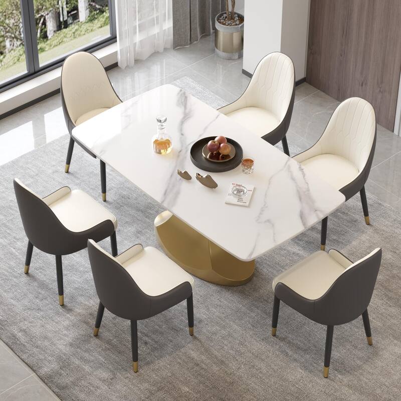 Dining Table for 6~8 Person, Faux Marble Kitchen Dining Table with Gold Pedestal. - 70.87" - White