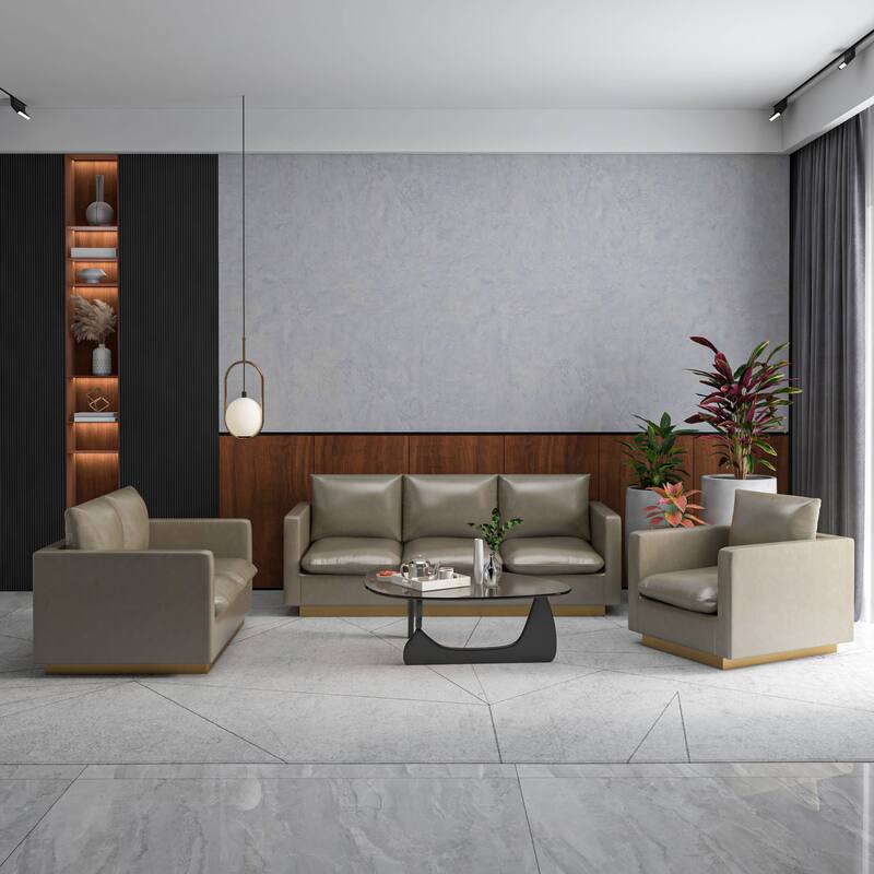 3-Piece Executive Leather Sofa Set with Brushed Gold Stainless Steel Base