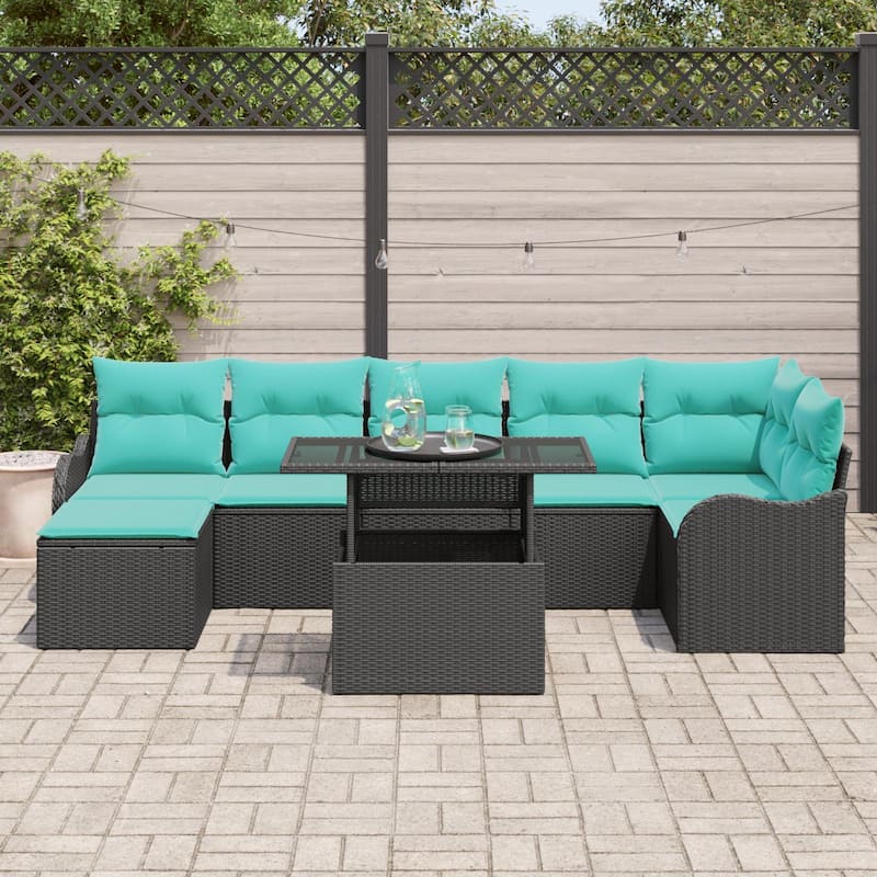 vidaXL 8 Piece Garden Sofa Set with Cushions Black Poly Rattan - 113.2×48.2×27.2