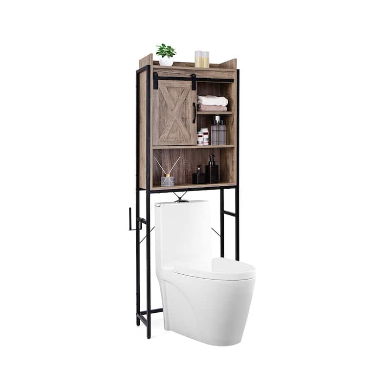 4-Tier Over Toilet Storage Cabinet with Adjustable Shelves and Sliding Door for Bathroom Organization - 25"W x 9.5"D x 67.5"H