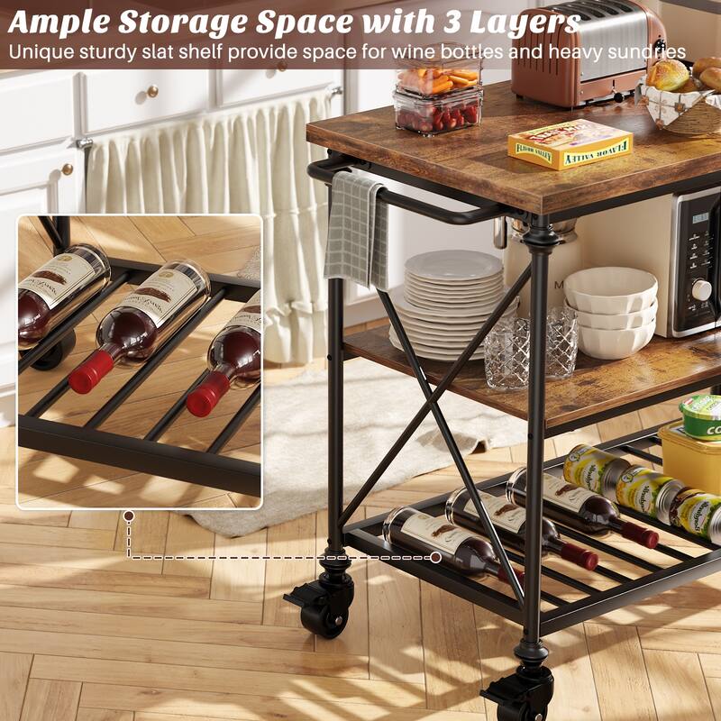 Rolling Kitchen Island Cart with Thick Wooden Top and Storage Shelves - N/A