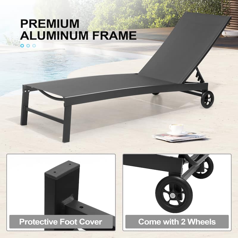 Outdoor Adjustable Chaise Lounge Chairs with Wheels Aluminum Sun Lounger
