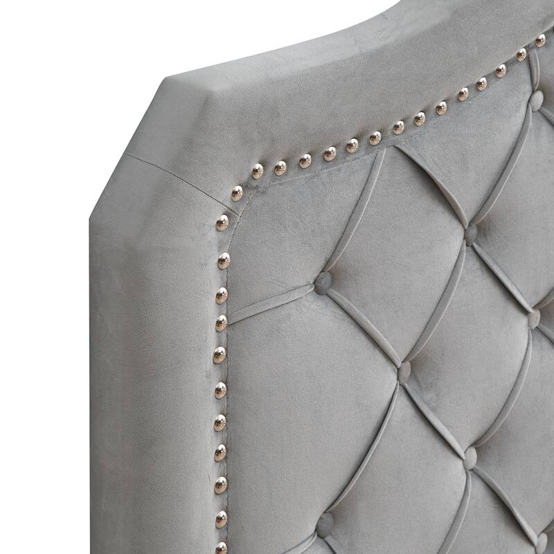 Queen Upholstered Platform Bed with Button Tufted Headboard, Gray Velvet, Easy Assembly