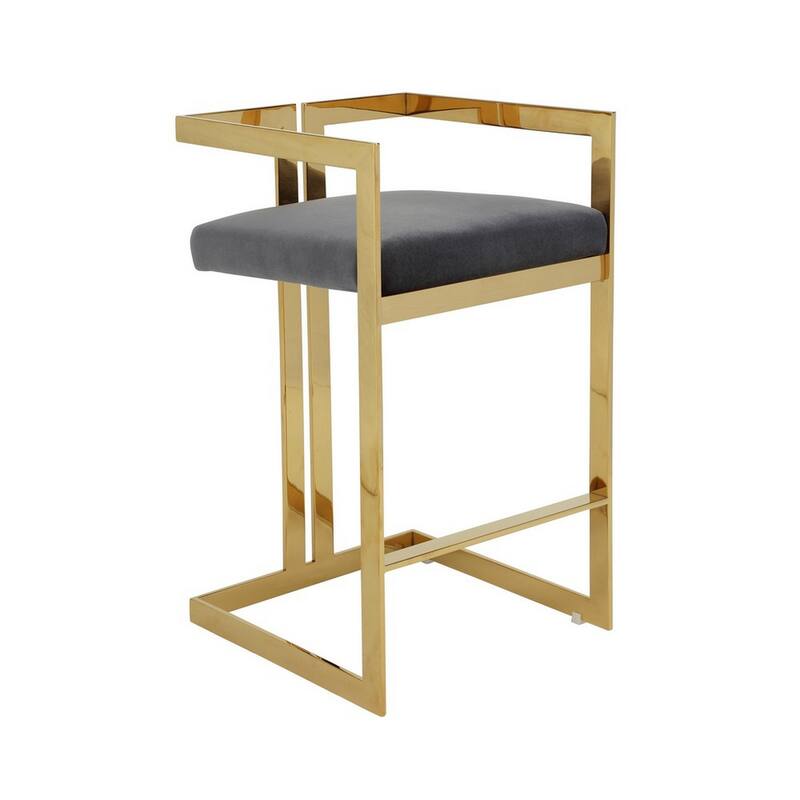 Zie 30 Inch Barstool Chair, Gray Velvet Padded Seat, Gold Steel Finish