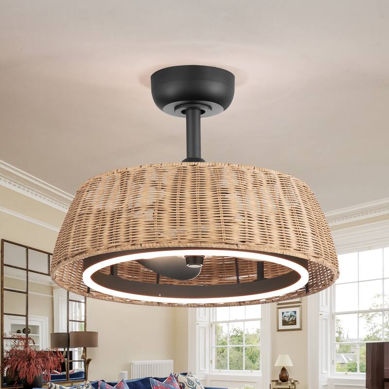 20" Rattan Caged Ceiling Fan with Dimmable LED Light and Remote(3-Blade)