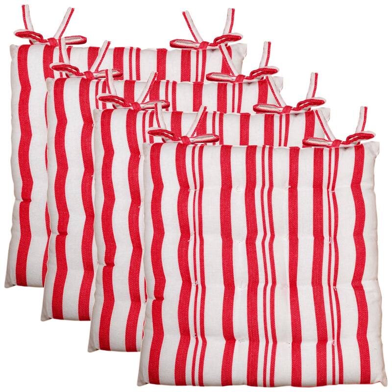 Fabstyles Tufted Set of 4 Broadway Stripe Cotton Chairpads with Ties - 16x16 - Red