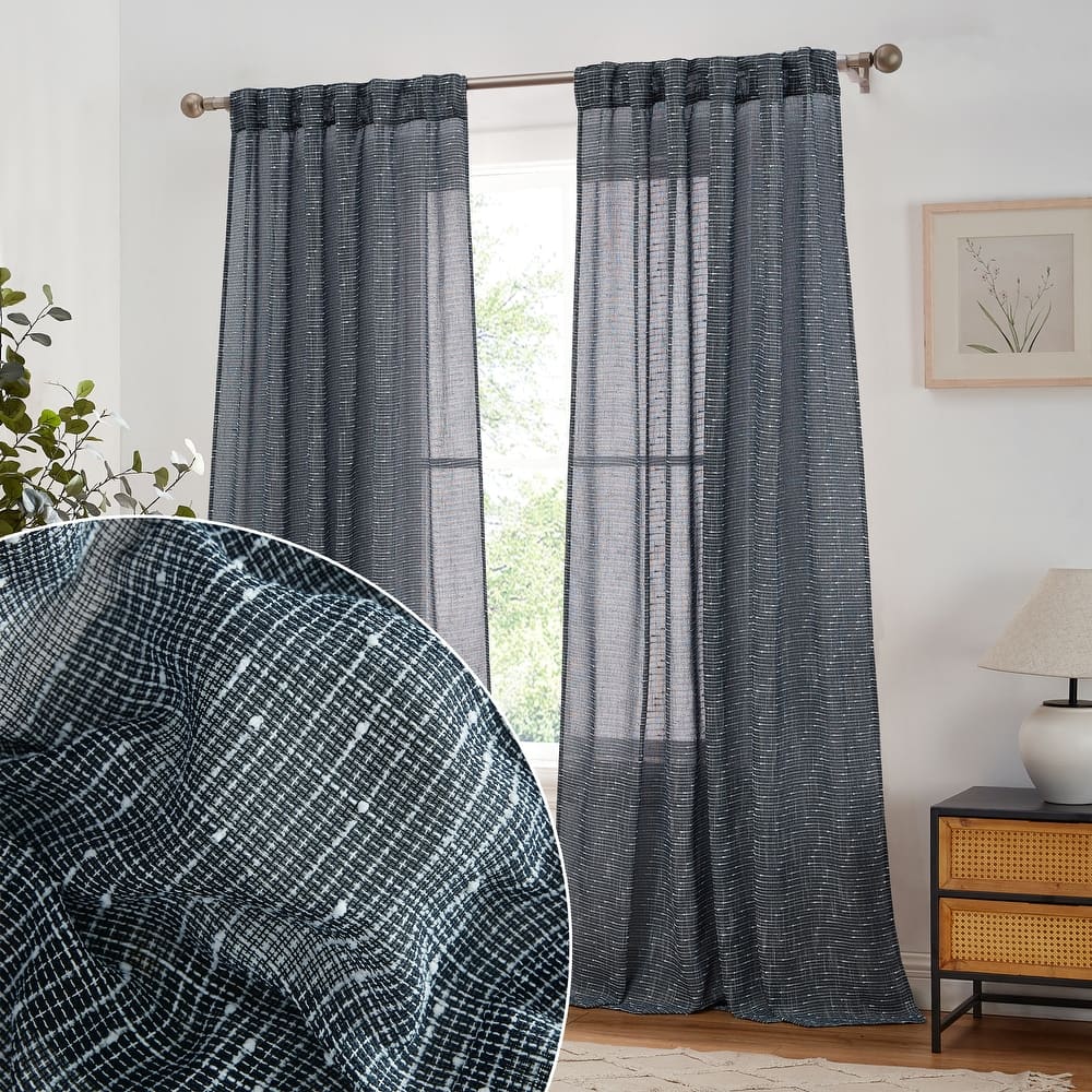 HLC.ME Emily Faux Linen Semi Sheer Transparent Rod Pocket Back Tab Lightweight Window Curtains Wide Panels, Pair