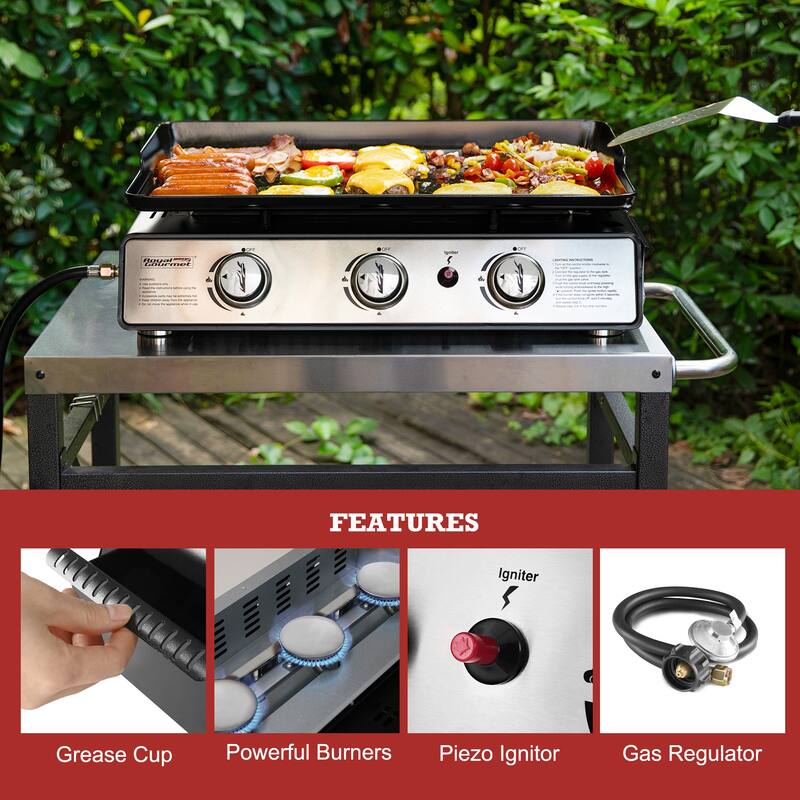 Royal Gourmet 3-Burner Portable Tabletop Gas Grill Griddle with Top Hard Cover