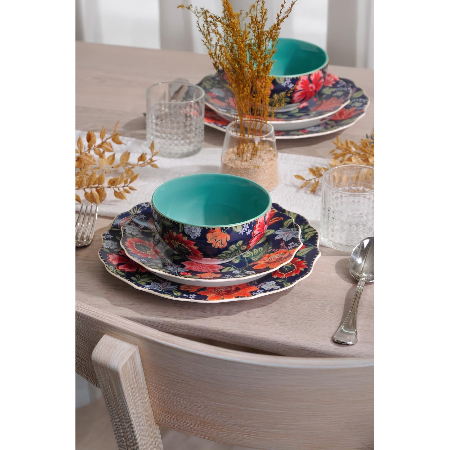 222 Fifth Chintz 12-Piece Blue Porcelain Dinnerware Set - Service