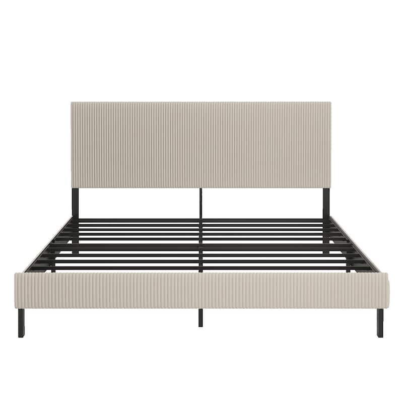 Beige Upholstered Bed King Size Platform Bed Frame with Bandaged Headboard and Metal Slat Support, Low Profile Wingback Bed