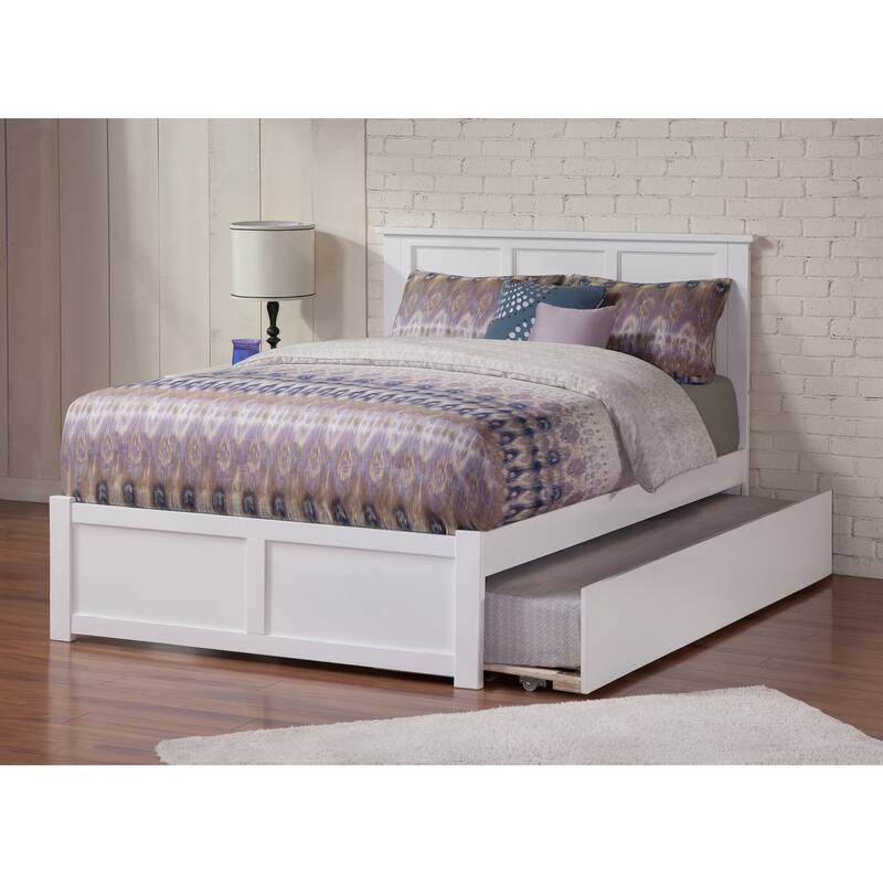 Twin Trundle Bed - Full Size Platform Bed with Footboard - White Finish - Traditional Style