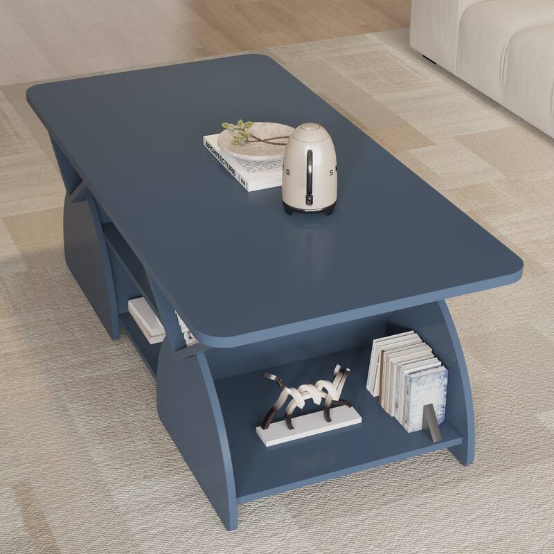 Modern Coffee Table with Storage, Geometric Rounded Design and Open Shelf, Easy Assembly Living Room Table