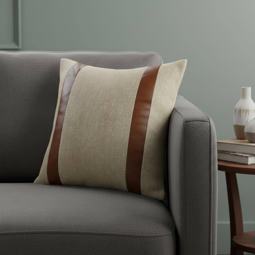 20" X 20" Beige And Brown Linen Striped Zippered Pillow