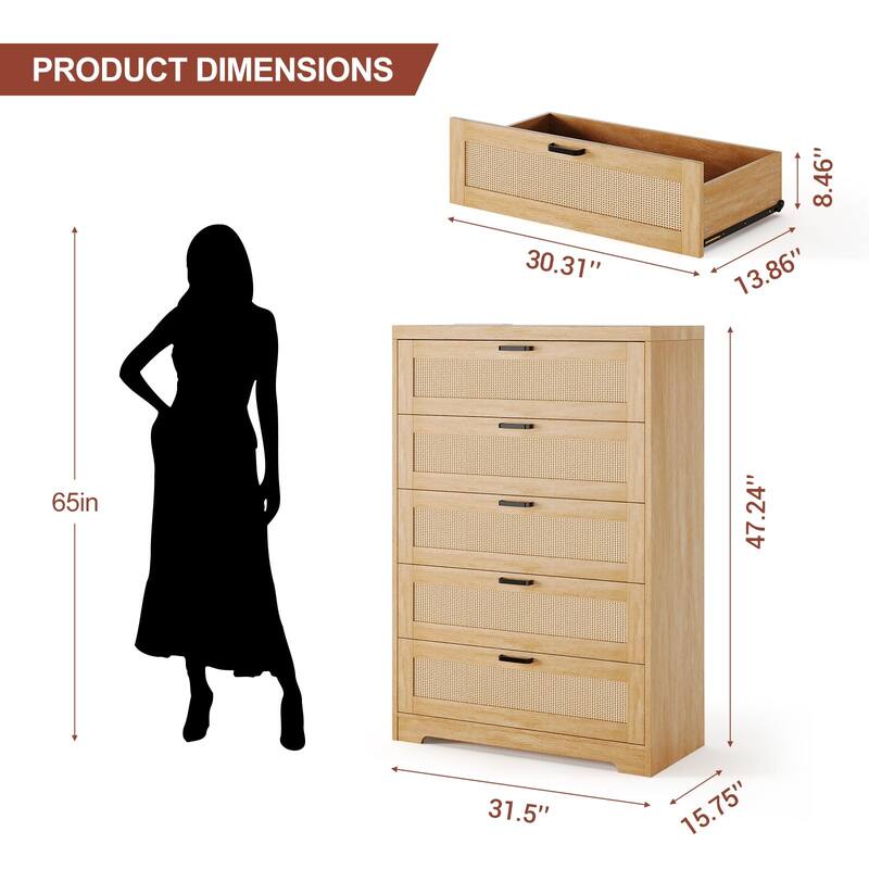 4/5 Drawer Rattan Dresser for Bedroom, Wood Dresser Chest of Drawers with Power Outlets