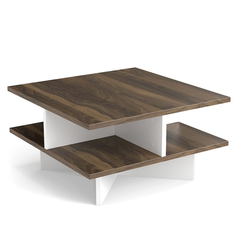 Stylish 2-Tier Multi-Functional Coffee Table with Storage Shelves and Cross-Shaped Base for Home Use - 24" x 24" x 13"