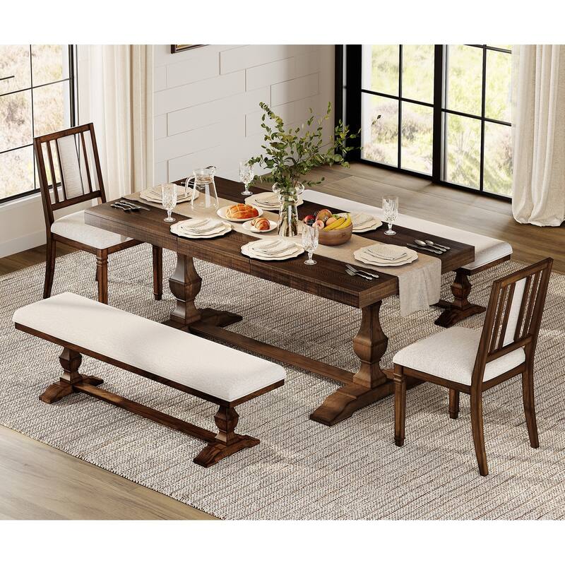 5-pieces Farmhouse Dining Table for 6, 74.8" Kitchen Table Set with 2 Benches and 2 Chairs, Solid Wood Legs and Cushion Seat - Brown