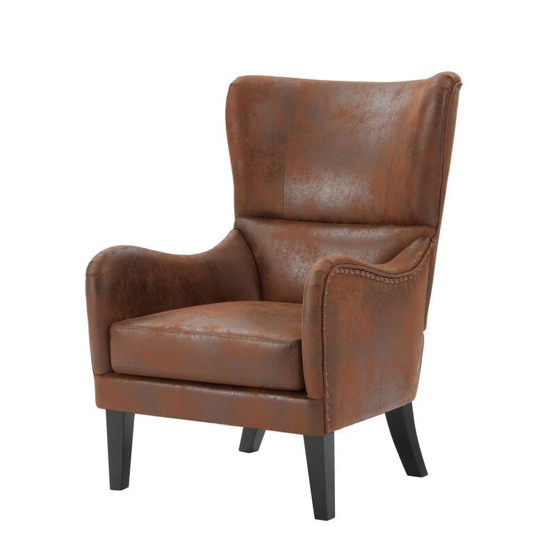 Accent Chair for Living Room, Wingback Arm Chair, Brown Polyester Upholstered Chair with Nailhead Trim, Wooden Legs