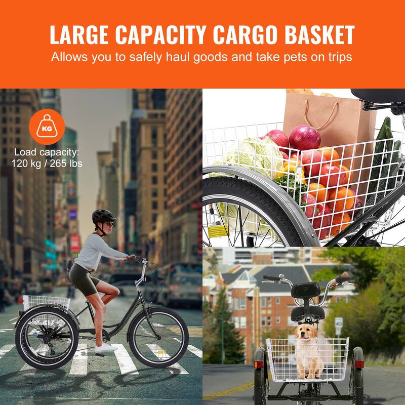 Black Carbon Steel 3-Wheel Bike with 7-Speed and Cargo Basket - 68.5” L x 29.9” W x 44.9” H