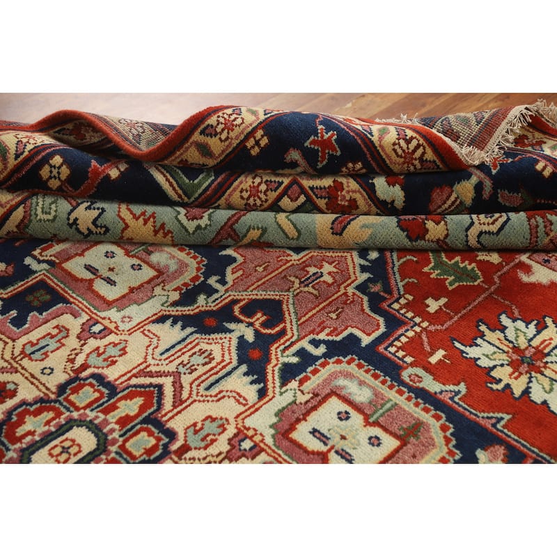 Medallion Heriz Serapi Large Rug Hand-Knotted Orange Wool Carpet - 9'9" x 13'8"