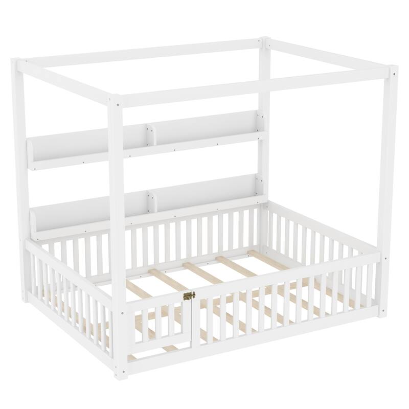 Roomfitters Canopy Floor Bed with Guardrails and Shelves, Solid Wood Montessori Frame
