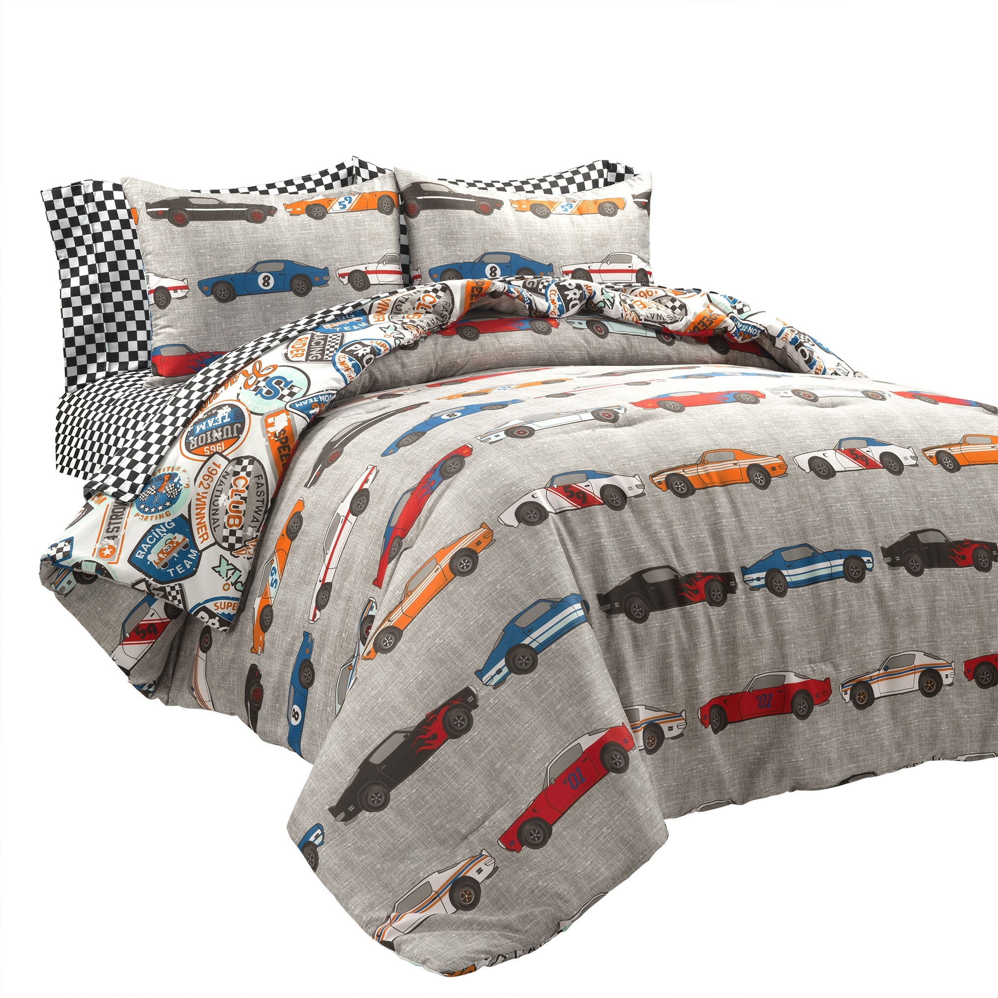 Lush Decor Race Cars Reversible Oversized with Printed Sheet 5 Piece Comforter Set Twin Blue Orange