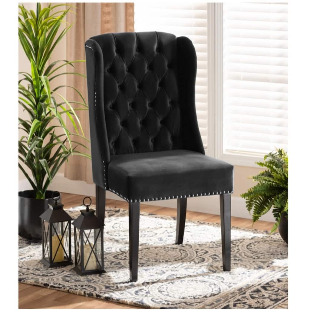 Black Velvet Button-Tufted Wingback Dining Chair