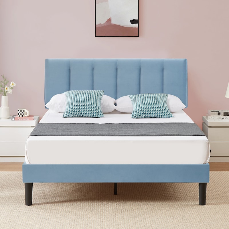 Javlergo Velvet Upholstered Platform Bed Frame with Adjustable Headboard - Light Blue - Full