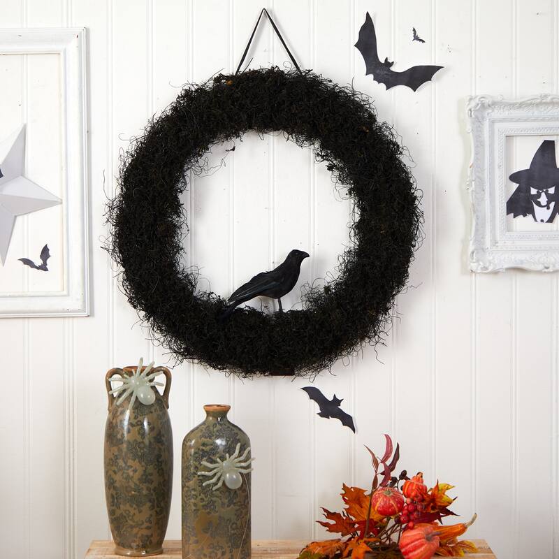 Black Raven Artificial Halloween Twig Wreath, 30-Inch, Unlit