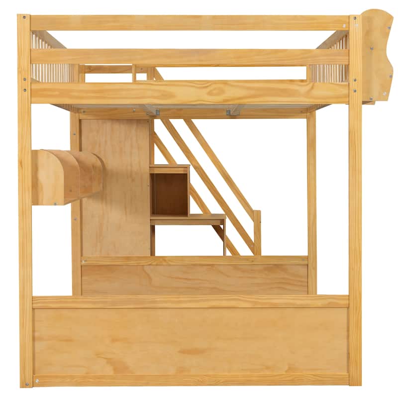 GDFStudio - StoreStep Modern Wooden Queen Loft Bed with Staircase, Wardrobe and Storage Shelves