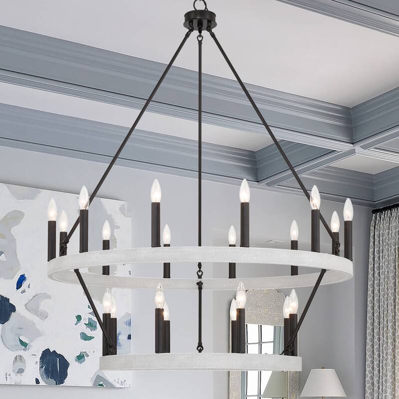 The Gray Barn Highclere Farmhouse 20-light Wagon Wheel Chandelier - 40"x40"x 47.83" - Crackle White+Classic Black