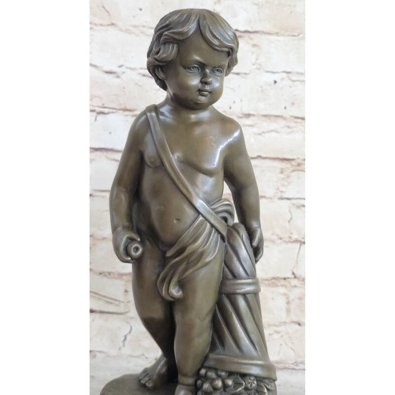 Angelic Young Boy Child Holding Apple Bronze Statue Sculpture Figure 14 Inches X 6 Inches