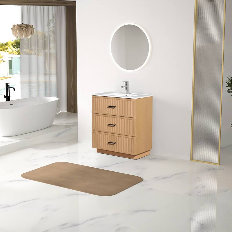 30" Freestanding Bathroom Vanity with Ceramic Sink and 2 Storage Drawers, Stylish Gray Floor Cabinet