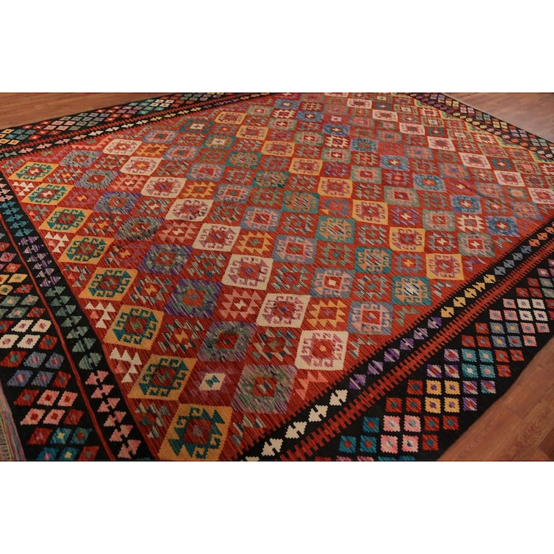 Reversable Kilim Oriental Area Rug Hand-Woven Orange Wool Carpet - 9'11"x 13'0"