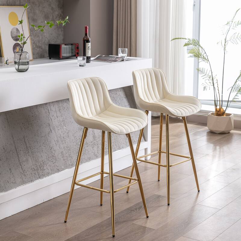 2 Bar Stools with Chrome Footrest Velvet Fabric Counter Stool Golden Leg Simple High Bar Stool - N/A
