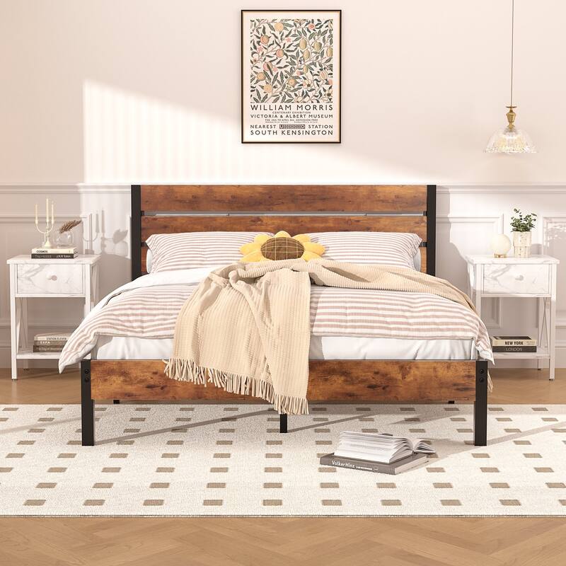 3-Pieces Bed Frame with Wood Headboard and Modern Nightstands Set of 2 - White Nightstands - Queen