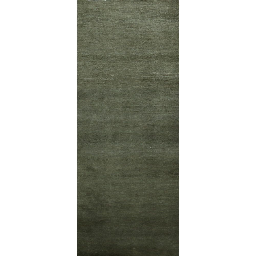 Hand Knotted Oriental 100% Wool Carpet Modern Solid Green Gabbeh Runner Rug - 8' 0'' X 2' 6''