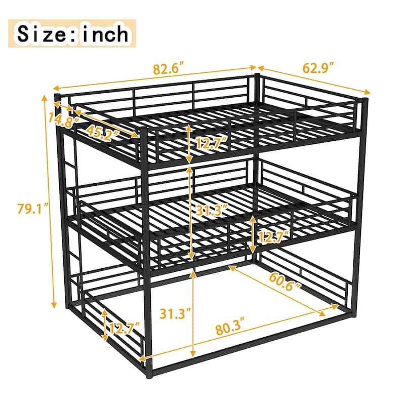 Queen over Queen over Queen Bunk Bed, Metal Triple Bunk Bed with Safety Guardrails, Bunk Bed with Noise-reduced Design