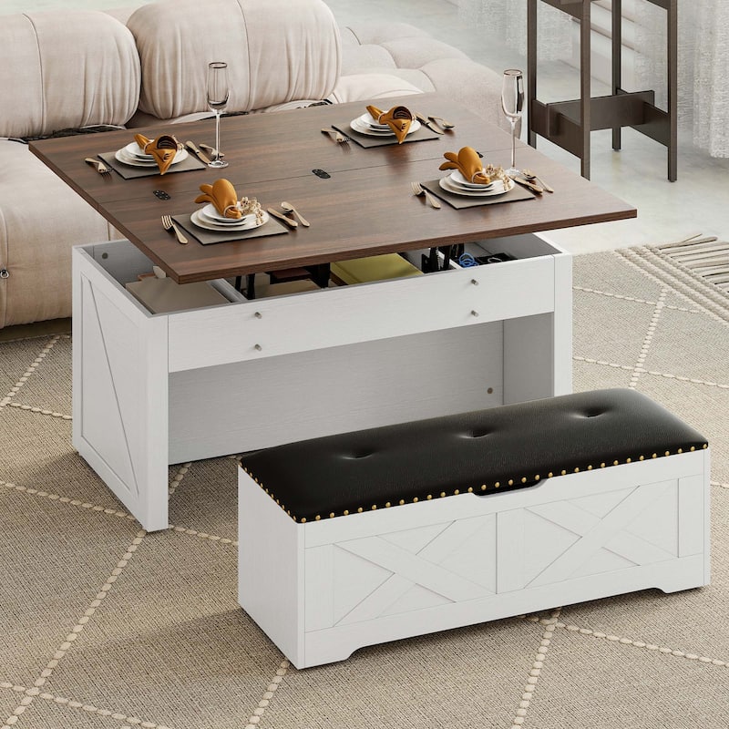 Moasis Farmhouse Lift-Top Coffee Table Dinning Center Table with Storage Ottoman Bench Set - White